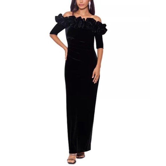 Xscape Womens Size 10 Petite Black Velvet Ruffled Off-the-Shoulder Gown Dress - Picture 1 of 10